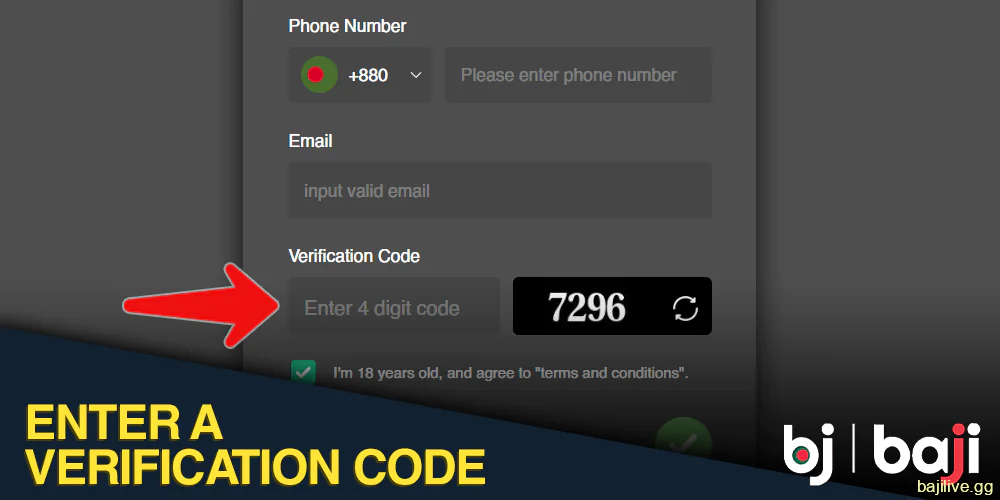 Enter the verification code into the Baji registration form